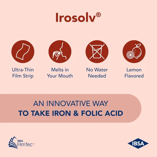 Vista 2 de Irosolv – IBSA Iron - Suplemento Dietético – 30 mg de Hierro 400 mcg de Ácido Fólico - 30 Películas de Disolución Oral para Liberación Inmediata