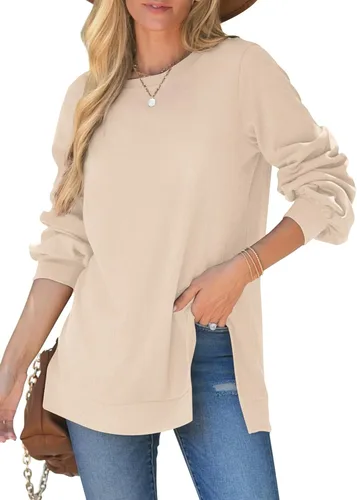 Vista 2 de WIHOLL Sudadera para mujer con cuello redondo, manga de globo, dobladillo dividido, elegante y casual