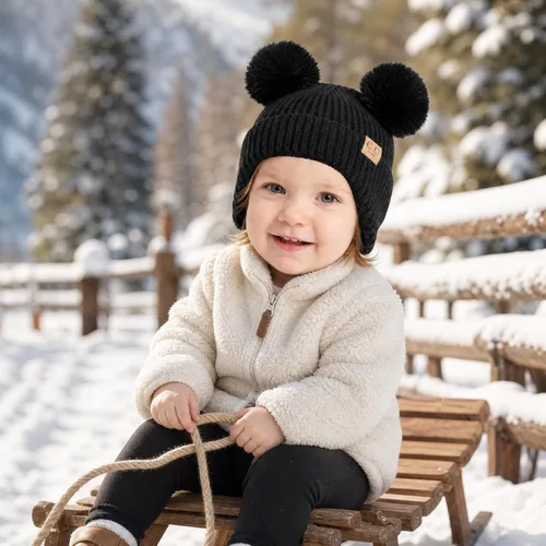 Vista 2 de C.C Gorro de Bebé con Doble Pompón de Piel con Orejeras para Niños y Niñas - Gorro de Punto Skully Cómodo, Suave y Cálido para Bebés, Niños Pequeños