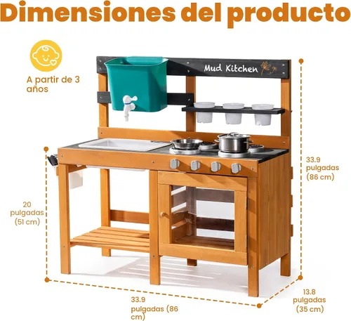Vista 2 de ROBUD Cocina de Barro para Niños al Aire Libre, Cocina de Juego de Madera al Aire Libre, Cocina de Barro para Niños con Fregadero y Grifo