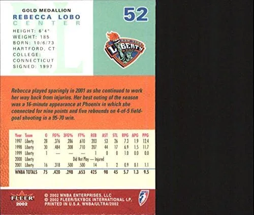 Vista 2 de 2002 Ultra WNBA Gold Medallion #52 Rebecca Lobo NBA Baloncesto Trading Card