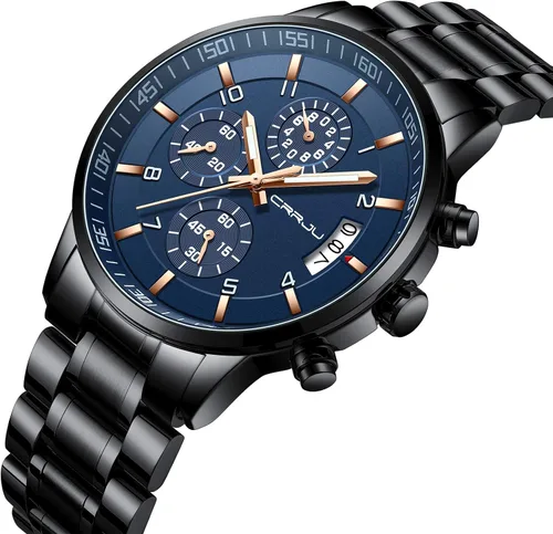 Vista 2 de CRRJU - Reloj de pulsera de acero inoxidable para hombre resistente al agua cronógrafo correa de acero inoxidable
