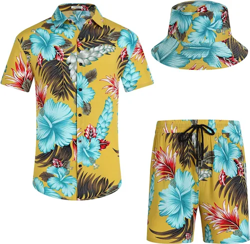 Vista 5 de EISHOPEER Conjunto hawaiano de flores para hombre, camisa de manga corta y pantalones cortos, trajes con sombreros de pescador