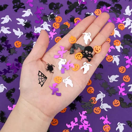 Vista 3 de MARFOREVER Decoraciones de confeti con purpurina de Halloween, fiesta de Halloween, dispersión de confeti negro, naranja, morado, fantasma