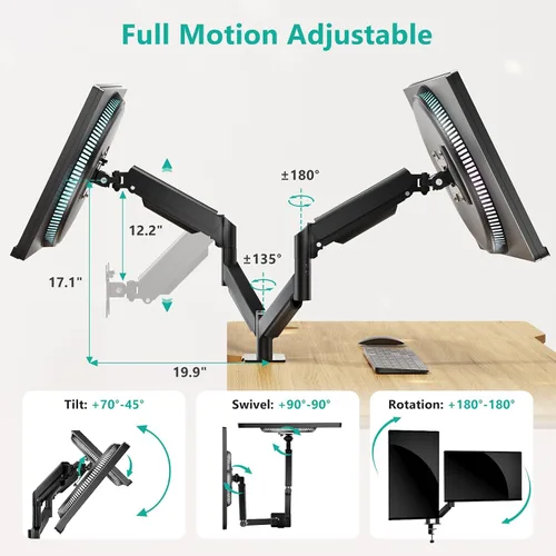 Vista 3 de WALI - Soporte de escritorio para monitor dual para pantallas de 17-32 pulgadas, brazos de monitor dual para 2 monitores, soporta hasta 19.8 lbs