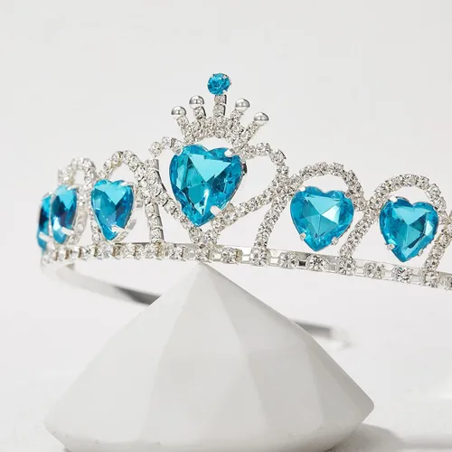 Vista 6 de SWEETV Tiara de princesa azul, regalo de tiara de cumpleaños, corona de cristal en forma de corazón, accesorio para disfraz de Elsa
