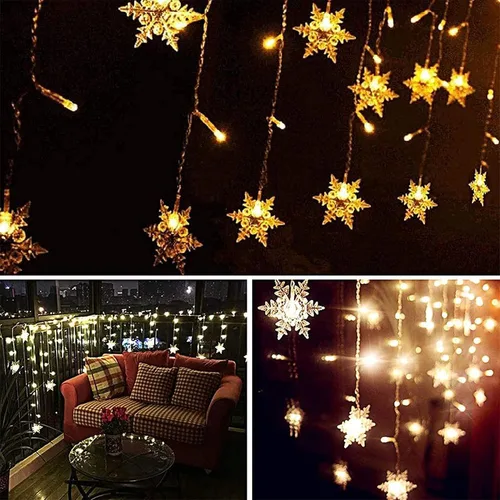 Vista 7 de Guirnalda de luces LED para cortina, 96 luces LED colgantes de hadas impermeables, luces de copo de nieve de Navidad con control inalámbrico