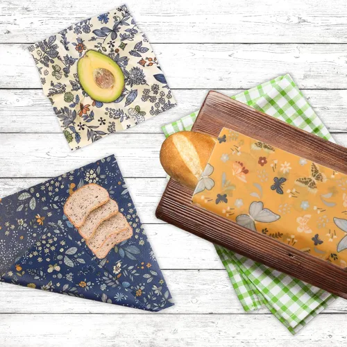 Vista 7 de Envoltura de cera de abeja reutilizable, paquete de 9 envolturas para alimentos, envolturas ecológicas de cera de abeja con bolsa de malla