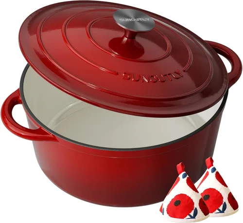 Vista 9 de Horno holandés de hierro fundido esmaltado, olla de 7.5 cuartos de galón con tapa y agarraderas de algodón, utensilios de cocina resistentes
