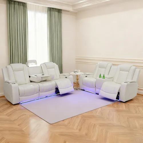 Vista 14 de Sofá reclinable con luces LED, sofá reclinable de cuero con dos asientos reclinables/puerto USB/consola de almacenamiento/soporte para vasos