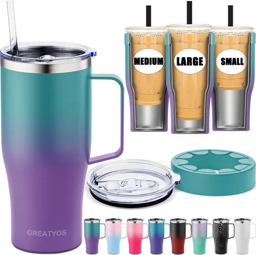 Vista 13 de Funda universal para café helado con asa - Soporte aislante de acero inoxidable reutilizable de doble pared para bebidas frías que se adapta a tazas
