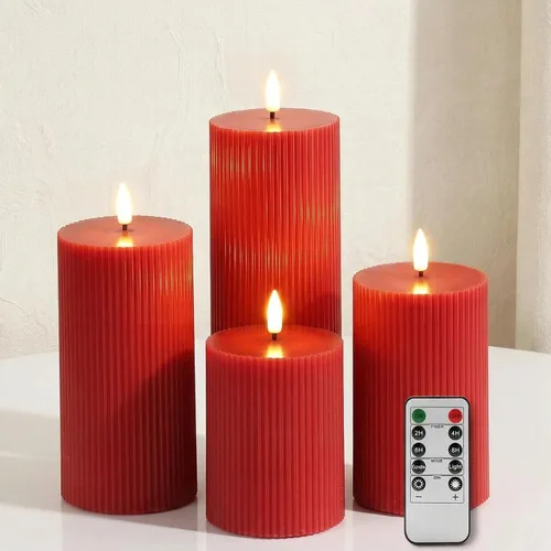 Vista 7 de Velas de pilar sin llama acanaladas blancas con control remoto, velas LED parpadeantes de cera que funcionan con pilas, juego de 2