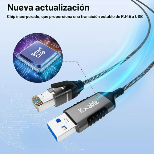 Vista 6 de Kxable Cable USB a Ethernet delgado de 4 pies, cable delgado USB 3.0 A a RJ45, conectado directamente, aluminio, trenzado, OFC, cable de red LAN USB