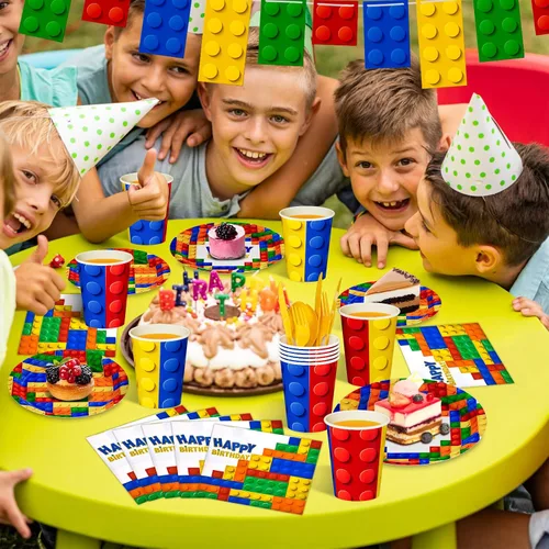 Vista 5 de DYLIVES 180 piezas de bloques de construcción suministros para fiesta de cumpleaños, bloques de construcción de bloques de vajilla, pancartas