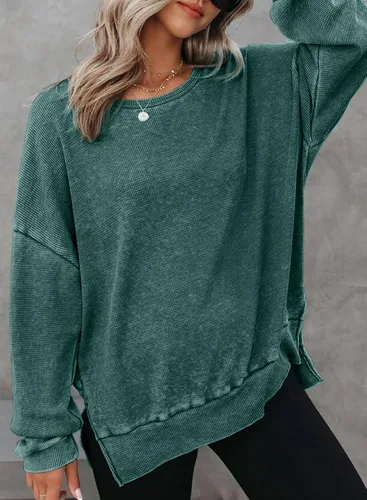 Vista 6 de Dokotoo Sudadera de gran tamaño con cuello redondo para mujer, de manga larga, de punto gofre, aberturas laterales, casual, ligera, color verde