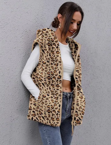 Vista 3 de TFSDOD Chaleco de forro polar sherpa para mujer, acogedor, sin mangas, con bolsillo, chaleco con capucha y cremallera para mujer