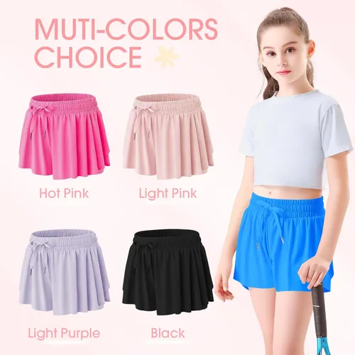 Vista 4 de Paquete de 2 pantalones cortos deportivos fluidos para niñas, pantalones cortos de mariposa para niños con bolsillo, pantalones cortos de tenis 2