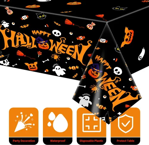Vista 3 de Labeol Paquete de 3 manteles de Halloween, 108 x 54 pulgadas, manteles de Halloween negros, desechables, impermeables, de plástico, rectangular