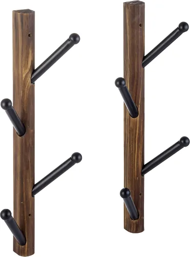 Vista 5 de MyGift 4 ganchos montados en la pared, madera maciza marrón rústica y metal negro para sombrero, perchero vertical para colgar ropa con ganchos