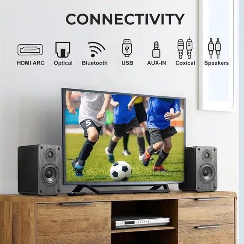 Vista 2 de LONPOO Altavoces de estantería alimentados - Inalámbrico 100W RMS Bluetooth con eARC - Potente sistema de música en casa - Sistemas de cine en casa