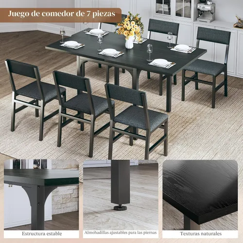 Vista 8 de Juego de mesa de comedor de 7 piezas para 4-6, sillas extensibles para mesa de cocina, juego de 6 con 6 sillas, mesa de comedor rectangular con Negro