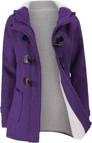 Vista 8 de JiangWu - Chaqueta cálida de invierno con capucha y forro de vellón, botones tipo cuerno, para mujer Negro