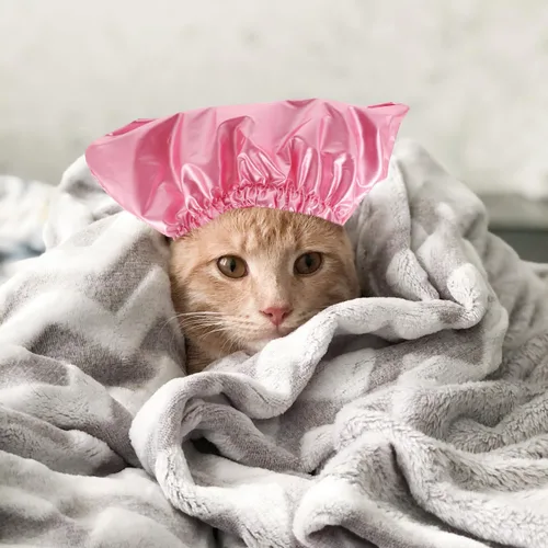 Vista 4 de Gorro de ducha impermeable para mascotas para gatos y perros, sombrero de baño flexible para cachorros con protección para los oídos, gorras