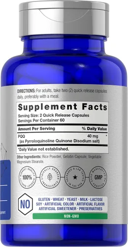 Vista 2 de Horbäach Suplemento PQQ de 40 mg 120 cápsulas Máxima fuerza Suplemento sin OMG y sin gluten Sal disódica de pirroloquinolina quinona