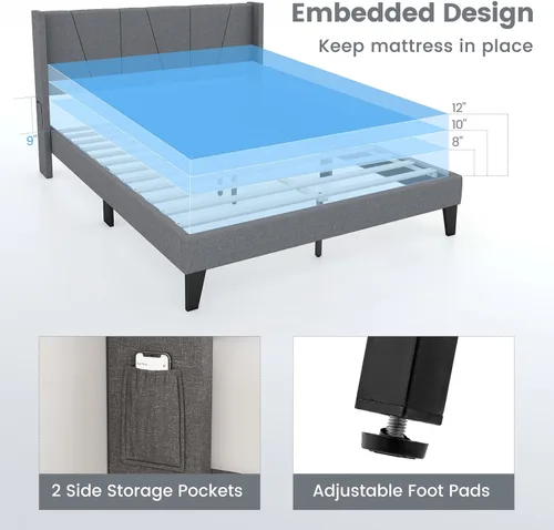 Vista 8 de KOMFOTT Base de cama tapizada tamaño Queen con cabecera con respaldo de ala, plataforma moderna con soporte de listones de madera, base de colchón