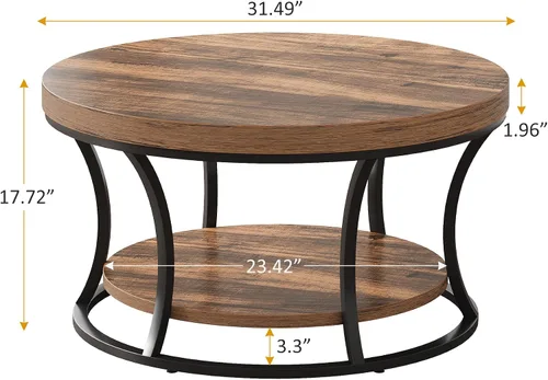 Vista 2 de Mesa de Centro Redonda para Sala de Estar, Mesa de Centro Circular de 2 Niveles con Almacenamiento, Mesa Central de Acento Diseño Moderno, Marrón