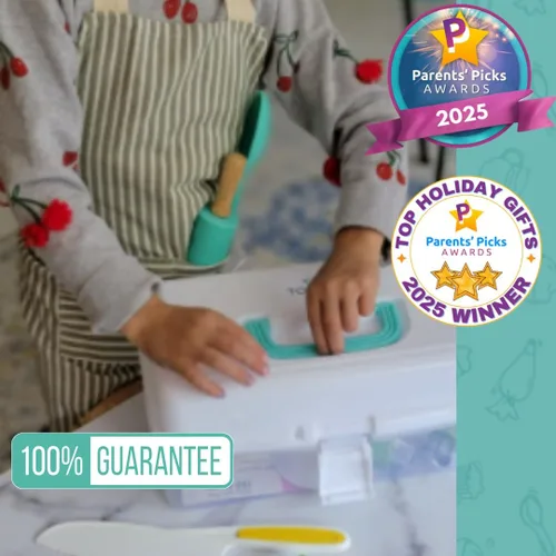 Vista 5 de Juego de regalos definitivo para cocinar y hornear Tovla JR para niños Cuchillos seguros para niños Montessori, delantal, libro de cocina visual