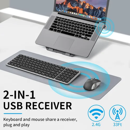 Vista 2 de Teclado y mouse silenciosos, teclado de computadora compacto inalámbrico de tamaño completo con botón de calculadora, mouse de 2400 DPI, clic