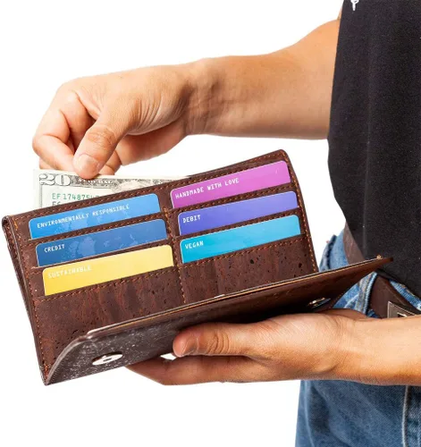 Vista 5 de Cartera de corcho vegano para mujer, delgada para tarjetas, funda plegable con bolsillo con cremallera, Marrón, Classic