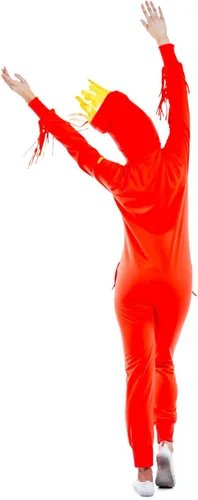 Vista 2 de Tipsy Elves Divertido disfraz de Halloween rojo y amarillo traje de tubo inflable inspirado en el hombre para mujer