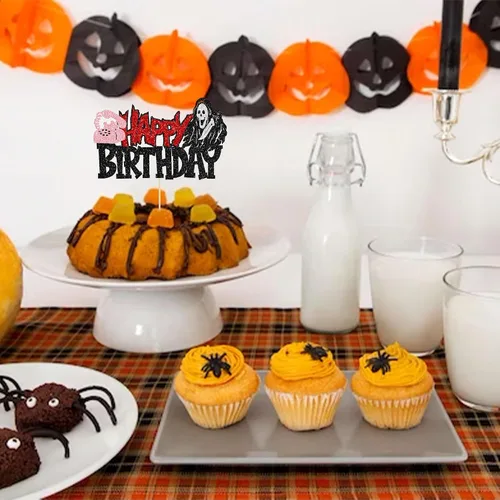 Vista 7 de 1 pieza de decoración de pastel de cumpleaños asesino ensamblada con purpurina de terror clásico de Halloween para tema de terror sangriento Negro