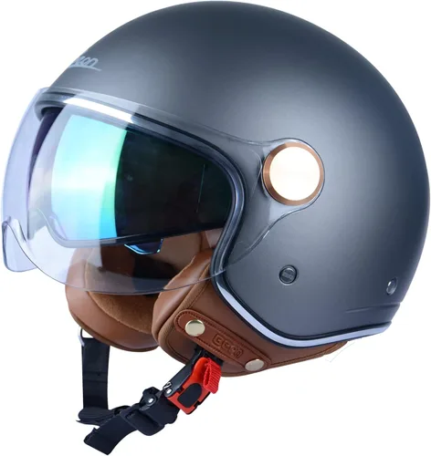 Vista 10 de Casco de moto de cara abierta para adultos, aprobado por DOT, 3/4 retro Vespa, con viseras duales, para motoneta, crucero, bobber y chopper