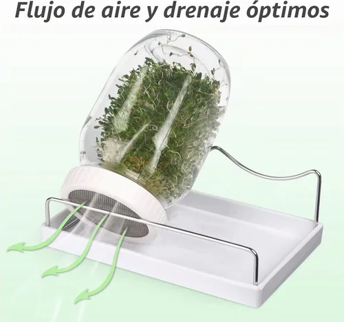 Vista 4 de Kit completo de tarros de germinación 2 tarros de albañil de boca ancha, tapas de brotes con malla 316, fundas oscuras, bandeja, soporte Set