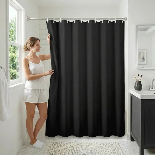Vista 5 de Americanflat 71x74 Cortina de Ducha Sólida Negra - Cortina de Ducha Larga Resistente al Agua con Ojales de Metal Duraderos y 12 Ganchos - 100%