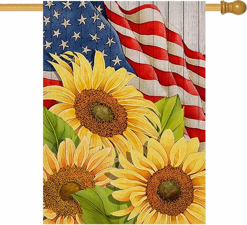 Vista 8 de Hzppyz Bandera patriótica de jardín de primavera y verano con girasoles del 4 de julio, Día de los Caídos, decoración para exteriores de doble cara