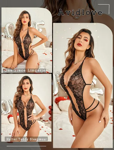 Vista 5 de Avidlove - Body de lencería de una pieza para mujer, diseño de encaje sexy con escote en V profundo, baby doll, tallas XS a XXXL