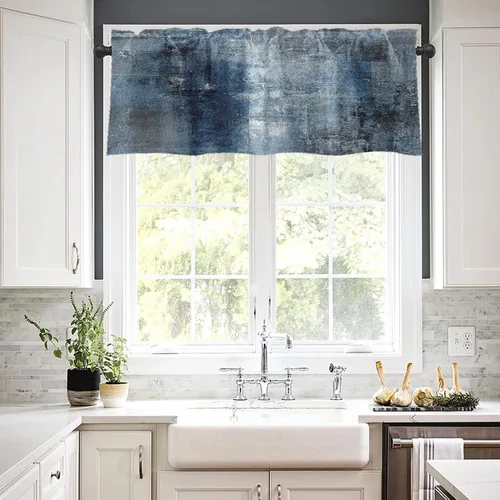 Vista 7 de Emvency Paquete de 2 cenefas para ventana, cortinas opacas de arte moderno abstracto azul, cortinas ajustables para ventanas, sala de estar, cocina