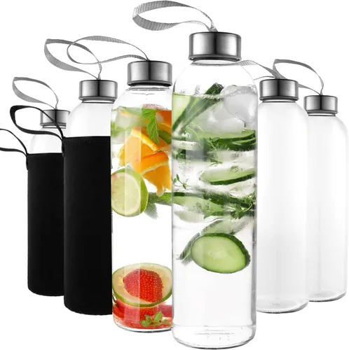 Vista 8 de Kitchen Lux Botellas de agua de vidrio de 24 onzas – Paquete de 4 – Fundas protectoras de nailon, tapas herméticas con rosca superior, bucles