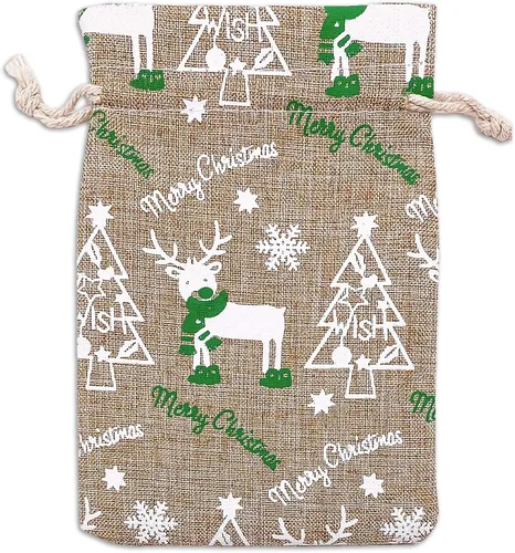 Vista 23 de 48 paquetes de 3x4 bolsas de regalo reutilizables de yute y arpillera con cordones (Feliz Navidad, X-Pequeño) - para regalos, favores de fiesta
