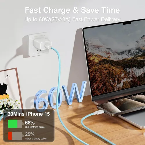 Vista 2 de Paquete de 2 cables de carga USB C a USB C de 6 pies para iPhone 15, cable USB C de 60 W, cable de carga rápida USBC tipo C compatible