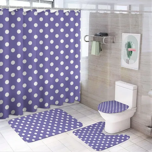 Vista 78 de Juego de 3 alfombras de baño con diseño de lunares, color azul aguamarina, antideslizante, con contorno en forma de U y tapa de inodoro
