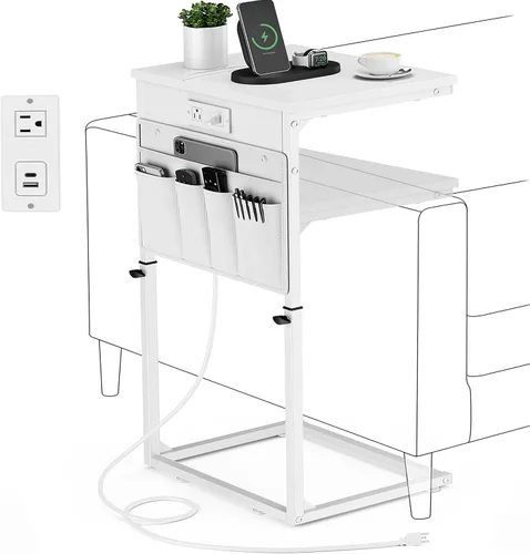 Vista 12 de Vagusicc - Mesa auxiliar en forma de C con estación de carga, mesa lateral de altura ajustable para sofá, mesa pequeña para sofá con laptop