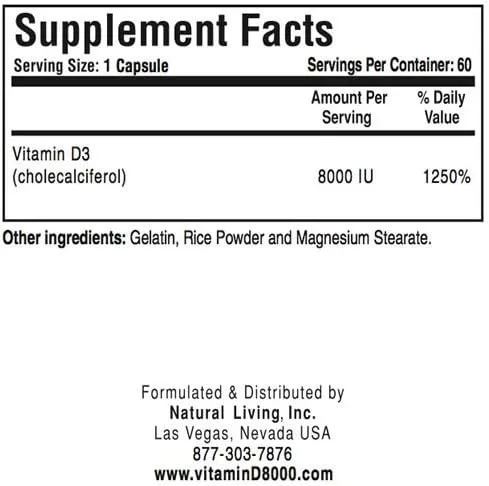Vista 3 de Natural Living Vitamina D3 de alta potencia 8000 UI 60 Cápsulas 1 Botella