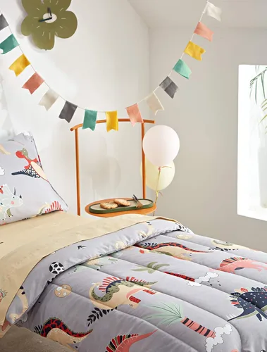 Vista 3 de Juego de ropa de cama de 4 piezas para niños pequeños, dinosaurio con dinosaurios coloridos y monstruos, juego de sábanas para otoño e invierno