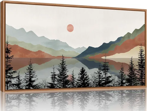 Vista 31 de Tinonedraw Arte de Pared en Lienzo Enmarcado de Paisaje de Montaña Beige, Decoración de Pared Moderna Abstracta de Mediados de Siglo, Arte de Lago
