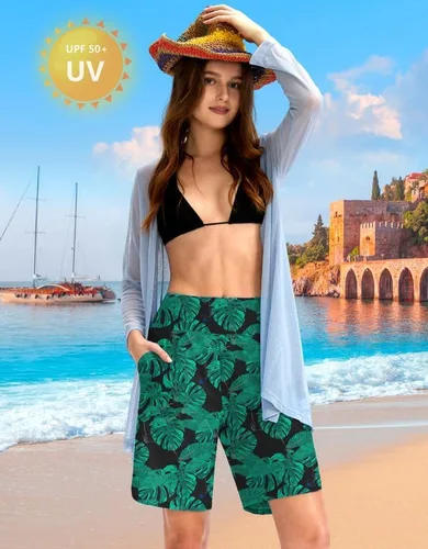 Vista 4 de Viodia Pantalones cortos de natación para mujer de 9 pulgadas de largo con bolsillos, cintura alta, trajes de baño de playa, hasta la rodilla
